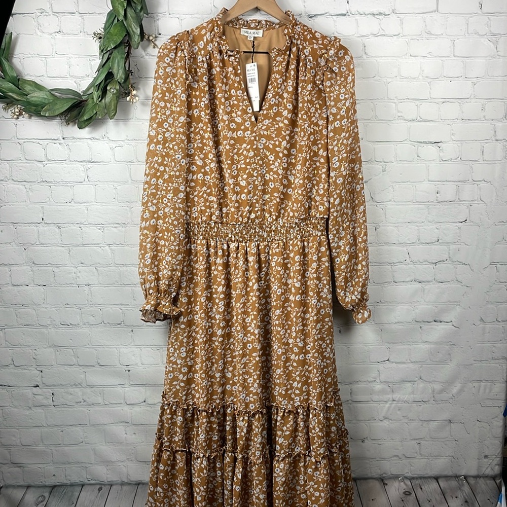 MILA MAE NWT Mustard Floral Tiered Midi Dress size XL